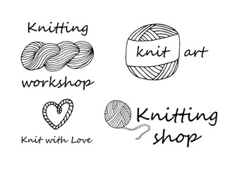 Knitting yarn logo set in hand drawn style