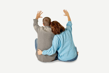 Young attractive smiling couple thinking of future or past together isolated on white and copy space