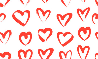 Seamless pattern with red hand drawn hearts. isolated on white background