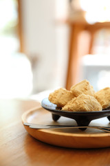 warabi mochi Japanese dessert on wooden table