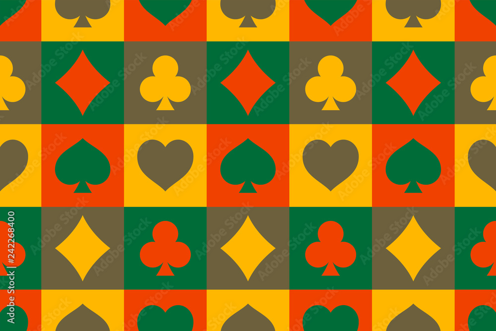 Poster seamless pattern with card suits on cells of different colors