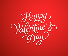 Happy Valentines Day text greeting card. Vector white hand drawing lettering on red background.