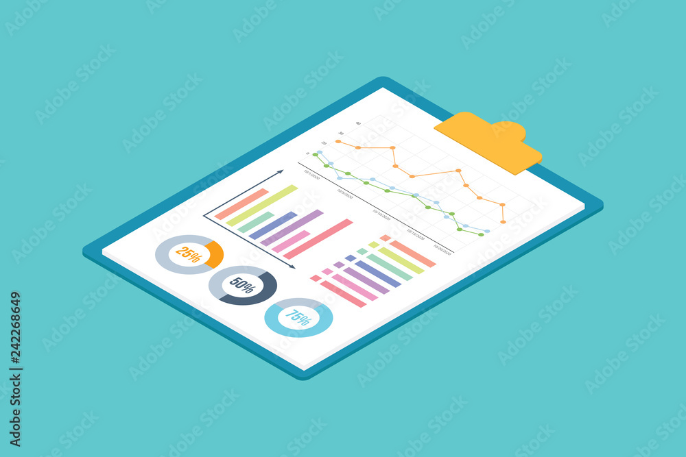 Aufkleber isometric graph chart on the clipboard with 3d style on the business paper - vector