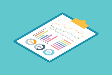 isometric graph chart on the clipboard with 3d style on the business paper - vector
