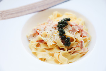 Pasta Carbonara with bacon and cheese , Italian food
