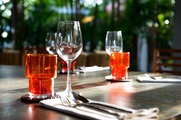 Wine glasses on table in restaurant - 242269430