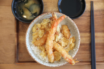 Tempura donburi , Fried shrimp tempura on rice japanese food on wooden table