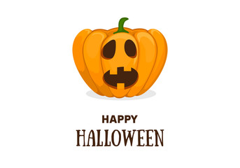 Cute halloween invitation or greeting card template with cute smiling orange pumpkin. Vector flat cartoon illustration.