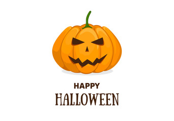 Cute halloween invitation or greeting card template with cute smiling orange pumpkin. Vector flat cartoon illustration.