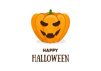 Cute halloween invitation or greeting card template with cute smiling orange pumpkin. Vector flat cartoon illustration.
