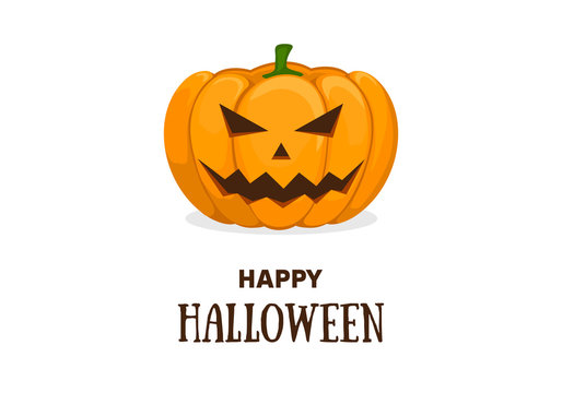 Cute halloween invitation or greeting card template with cute smiling orange pumpkin. Vector flat cartoon illustration.