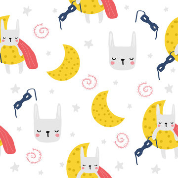 Cute little bunny sleeping on the moon seamless pattern. Baby bedtime print. Vector hand drawn illustration.