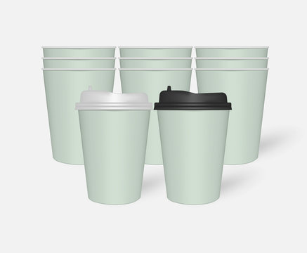 Disposable Mint Green Paper To Go Coffee Cups With Plastic Lids, Mockup