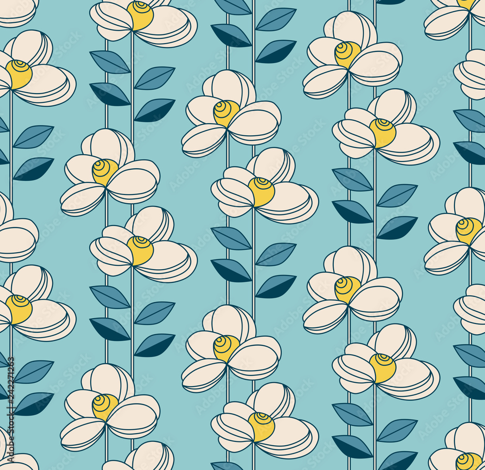 Poster seamless pattern with flowers and leaves in retro style