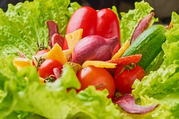 Bouquet with ingredients for healthy nutririon or diet. Lettuce with eggs and fresh vegetables closeup