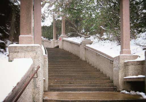 Stairs, winter idyll, blurred image