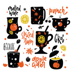 Obraz na płótnie Canvas Hot alcohol drinks. Hand drawn lettering and Illustration of different cups and glasses with the name of drinks. Mulled wine, apple cider, eggnog, spiced rum, punch, grog. Vector