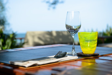 Wine glasses on table in restaurant