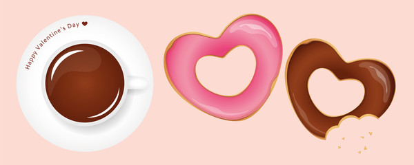 heart shaped donuts and coffee for valentines day vector illustration EPS10