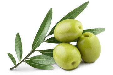 Green olives with leaves, isolated on white background