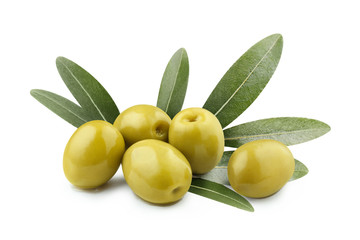 Green olives with leaves, isolated on white background