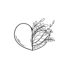 Half of heart with green leaves. Symbol of love and life, ecology. Vector in doodle style. Template for Valentine day. Coloring book