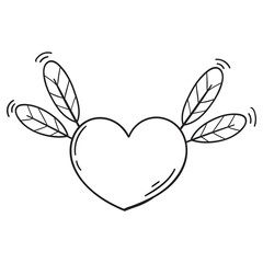 Flying heart with feathers in doodle style. Template for Valentine day. Coloring book