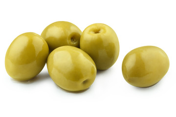 Ripe green olives, isolated on white background