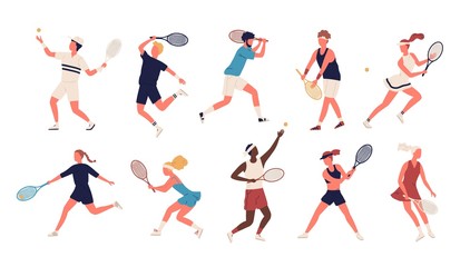 Fototapeta na wymiar Collection of men and women dressed in sports apparel playing tennis. Set of sportsmen and sportswomen holding rackets and hitting ball isolated on white background. Flat cartoon vector illustration.