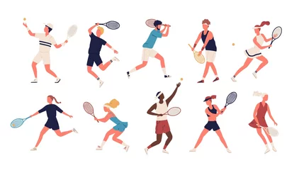 Foto op Aluminium Collection of men and women dressed in sports apparel playing tennis. Set of sportsmen and sportswomen holding rackets and hitting ball isolated on white background. Flat cartoon vector illustration. © Good Studio
