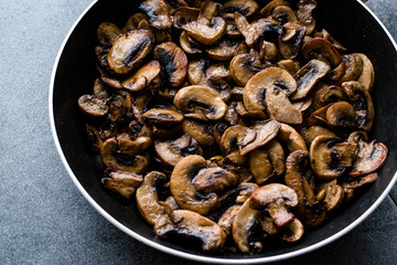 Fried and Sliced Cultivated Champignons Mushrooms in Pan.