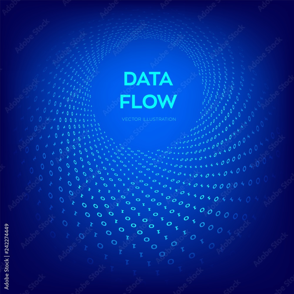 Wall mural Data Flow. Digital Code. Binary data flow. Big data. Virtual tunnel warp. Coding, programming or hacking concept. Computer science illustration with 1 and 0 symbols repetitions. Vector Illustration.