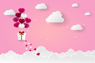 Illustration of love and valentine day, balloon heart shape hang the gift box float on the sky.paper art and digital craft style