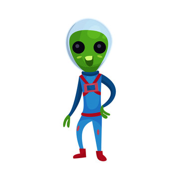 Friendly green alien with big eyes wearing blue space suit, alien positive character cartoon vector Illustration