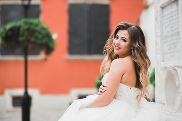 Beautiful fashion bride in wedding dress posing