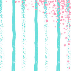 Pink glitter confetti with dots on turquoise stripes. Shiny random falling sequins with shimmer. Design with pink glitter confetti for party invitation, banner, greeting card, bridal shower.