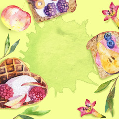 Watercolor painted healthy flat lay with toasts, waffles and berries