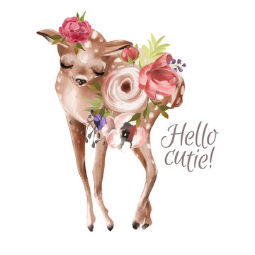 Cute hand drawn dreaming baby deer with floral wreath, bouquet, flowers