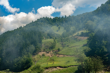 Fototapeta premium Landscape in Vaser Valley, Bucovina, Mocanita Steam Train, Romania