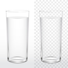 Realistic glass of drinking water on white and transparent background, vector illustration 3d