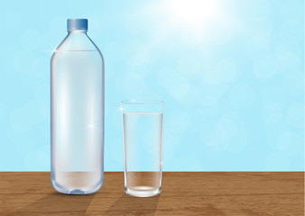 Realistic mineral drinking water bottle and glass of water on wooden table on blurred blue bokeh background, vector illustration 3d