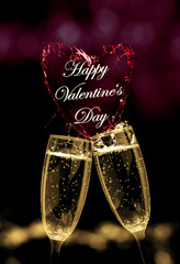 Happy Valentine's Day, sparkling wine sparkles in the glasses and forms a heart