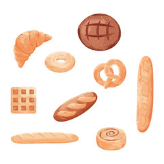 Homemade baking. Freshly baked handmade bread. Baguette, croissant, loaf, bun, pretzel and others.