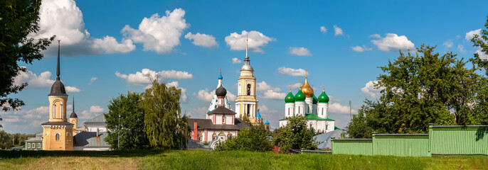 Kolomenskaya Cathedral Square on a sunny day with clouds in the sky. Panorama