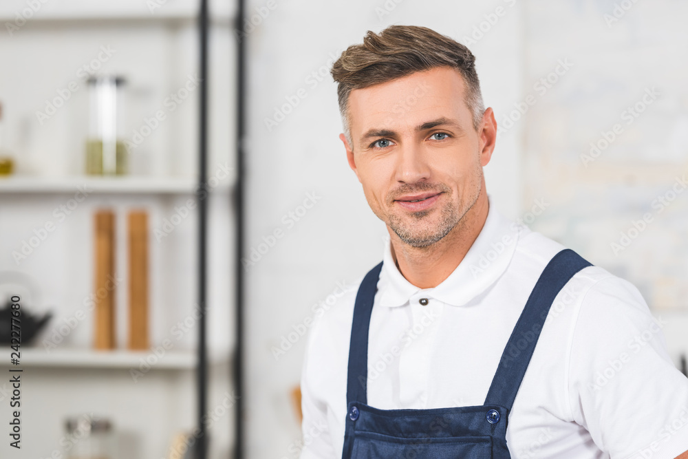 Wall mural portrait of adult repairman in overall standing at kitchen and looking at camera