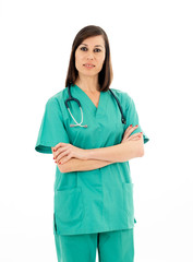 Portrait of successful smiling female doctor surgeon or nurse with stethoscope isolated on white