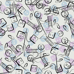 Seamless pattern with threads, needles and button.