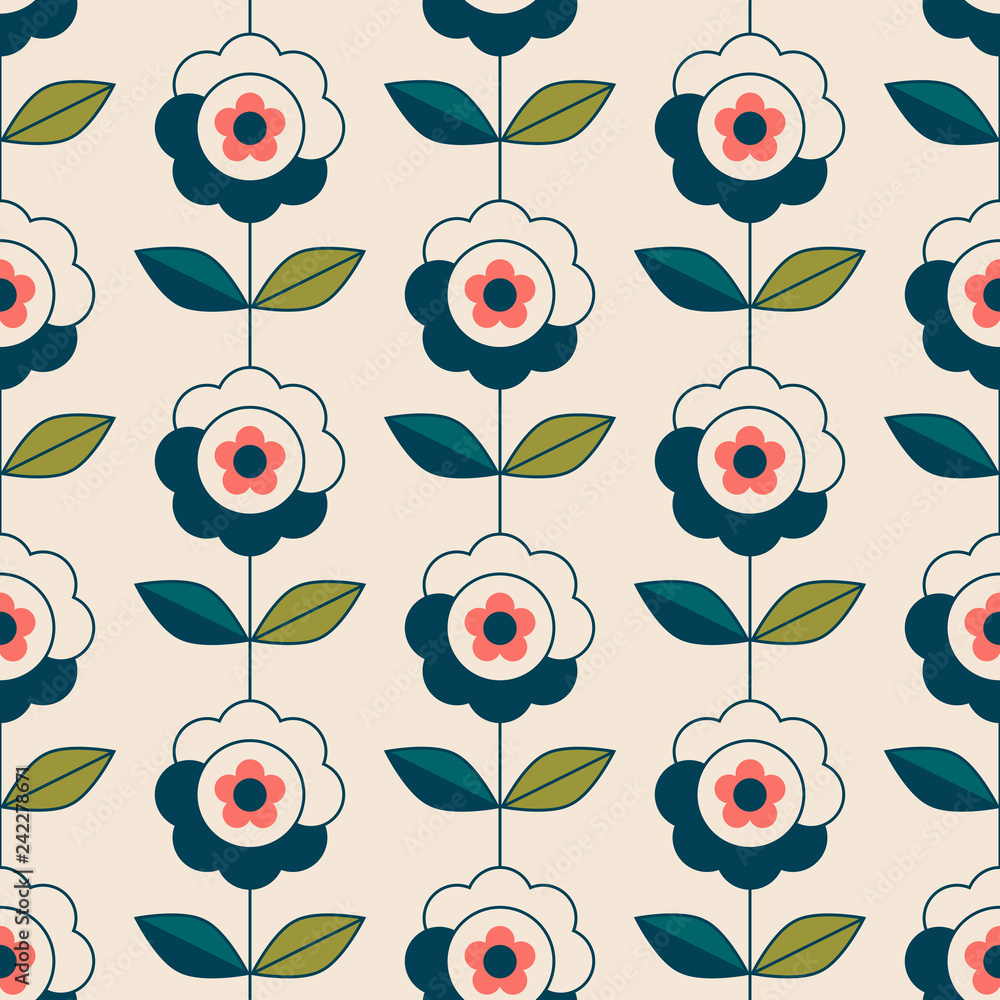 Poster seamless retro pattern with abstract flowers and leaves
