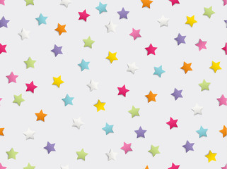 Festive colorful star confetti seamless pattern on white background. Vector illustration.