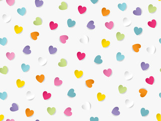 Flat lay of colorful heart shaped paper scattered on white background. Seamless pattern vector illustration.